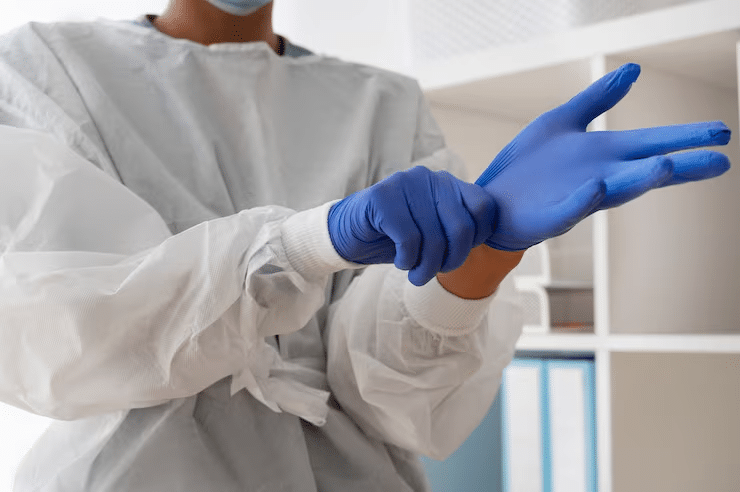 Healthcare provider wearing gloves, demonstrating adherence to OSHA healthcare standards.